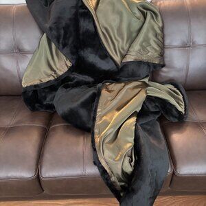 Black Faux Fur Blanket / Throw with Luxurious Greenish Gold Satin Lining